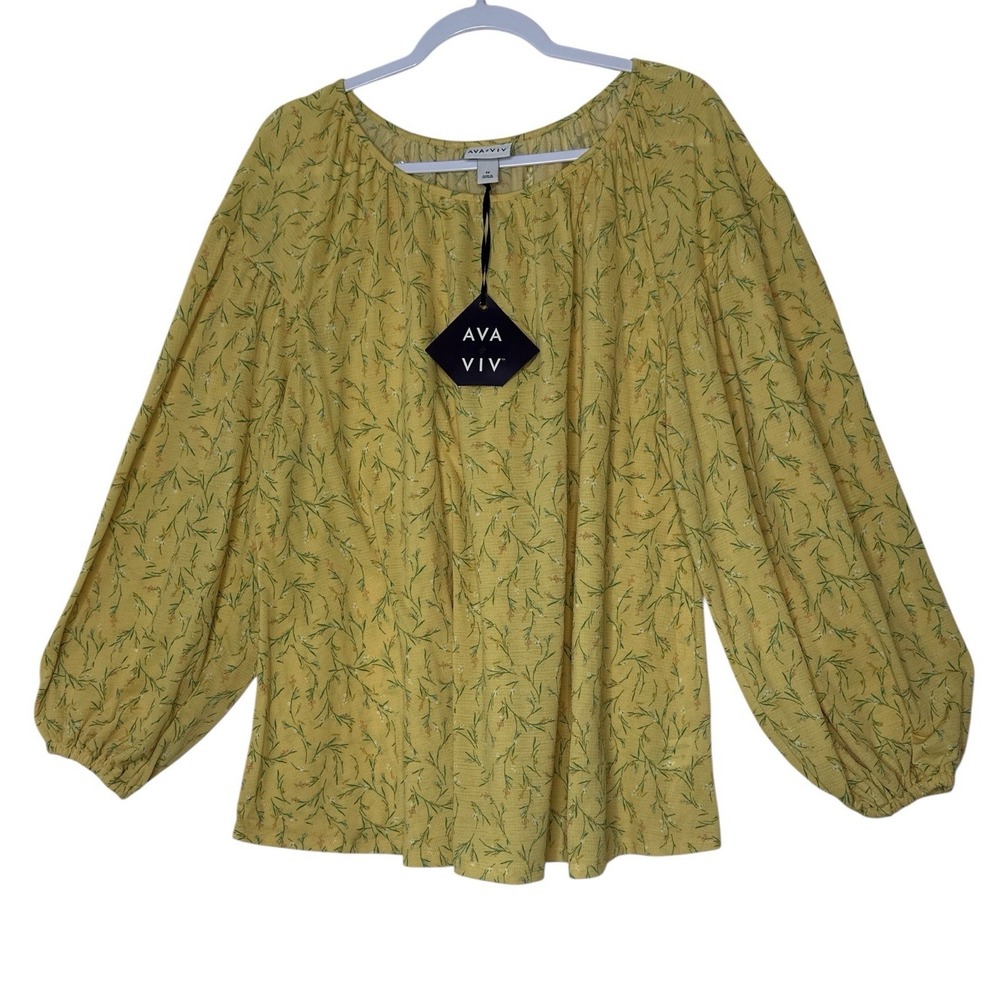 New Ava And Viv Tunic Top Womens 1X Floral Long Sleeve Yellow Stretch Fall